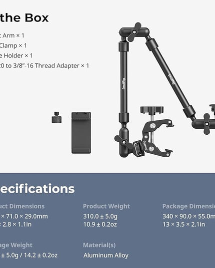 SMALLRIG 22" Magic Arm Clamp, Overhead Phone Mount Holder Stand, Flexible Desk Camera Mount, Articulating Friction Boom Arm, for POV Shot, Filming, Light, Webcam, Action Camera