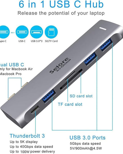 USB C Adapter for MacBook Pro/Air M1 M2 M3 2021 2020 2019 13" 15" 16", 6 in 1 USB-C Hub MacBook Pro Accessories with 3 USB 3.0 Ports,USB C to SD/TF Card Reader and 100W Thunderbolt 3 PD Port