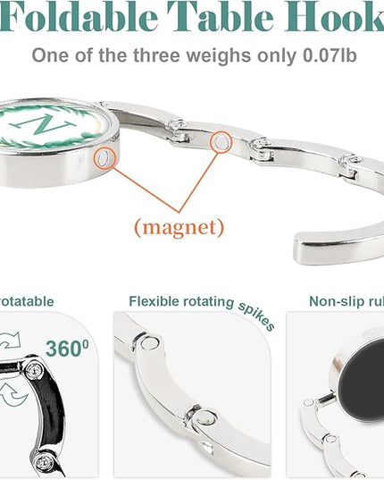 Iqimott 3pcs Personalized Initial Foldable Purse Hook for Table, Flower Letter Folding Handbag Hanger Portable Magnet Table Hook Holder, Collection Desk Purse Hooks for Women Bag (Green-N)