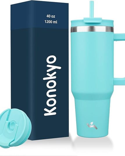 40 oz Tumbler with Handle and 2 Straws,2 in 1 Lid Insulated Water Bottle Stainless Steel Travel Coffee Mug,Turquoise