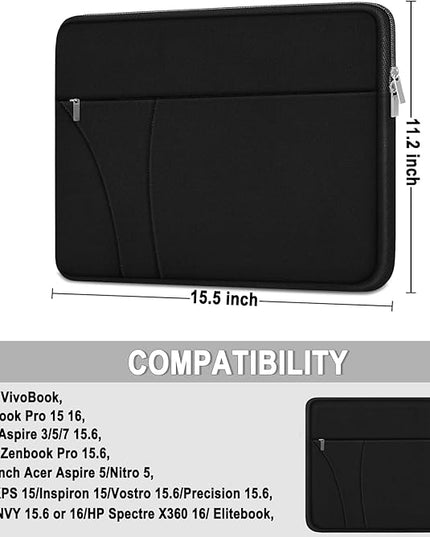 Laptop Sleeve Case 15.6 inch, Shockproof Protective Carrying Briefcase Computer Bag with Zippered Pocket, Slim Traveling Laptop Cover Compatible for HP, Dell, Asus, Lenovo, Notebook, Black