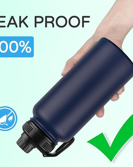 DOMICARE 32 oz Insulated Water Bottle, Vacuum Insulated Stainless Steel Sports Water Bottle with Straw Lid & Spout Lid, Leakproof, Reusable - Travel, Camping, Bike, Navy Blue
