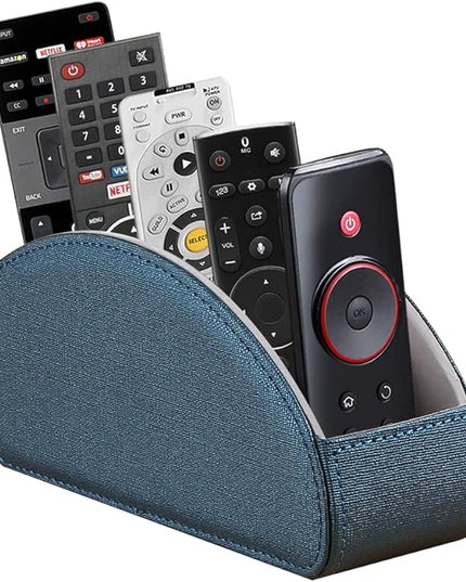 Leather Remote Control Holder,TV Remote Caddy with 5 Compartments,Desktop Organizer,for Store TV,DVD,Blu-Ray,Media Player,Heater Controllers(Blue)