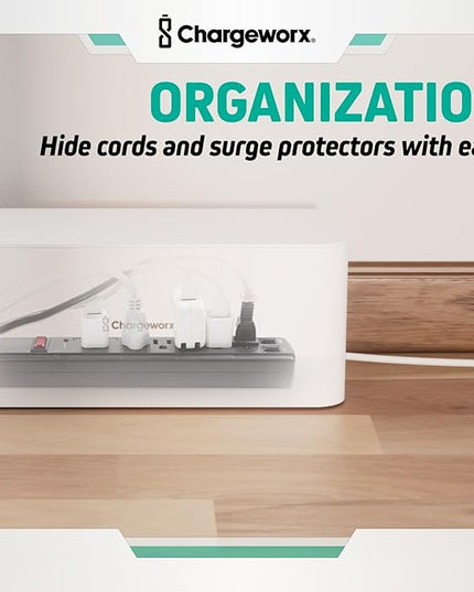 ChargeWorx Cable-Management Box Set, 2 Pack Cord Organizer to Hide Power Strips and Surge Protectors, Desk and Floor Wire Concealer for Home Office, TV Area, White