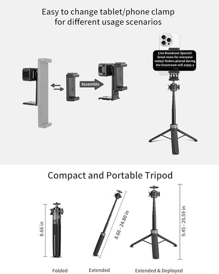 Large Screen Teleprompter Holder for Tablet/Phone with Extendable Tripod, Dual-Clamp Design with Interchangeable 3 Sizes of Clamps. Perfect for Live Streaming/Recording/Video Conference