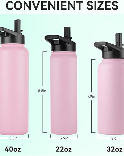 DOMICARE 32 oz Insulated Water Bottle, Vacuum Insulated Stainless Steel Sports Water Bottle with Straw Lid & Spout Lid, Leakproof, Reusable - Travel, Camping, Bike, Pink