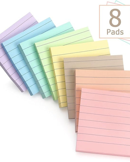 Lined Sticky Notes 3x3 Inch, 8 Pack, Light Colors, Premium Self-Adhesive Notepads, 640 Sheets, for Office, School & Home Use, Easy to Use, Reusable & Removable
