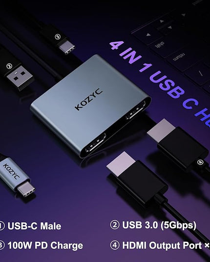 USB C to Dual HDMI Adapter 4K@30Hz, KOZYC USB C Hub Multiport Adapter with 2xHDMI, USB 3.0, 100W PD, Support USB C to HDMI Splitter Extended Display for MacBook Pro (MST is not Supported on MacOS)