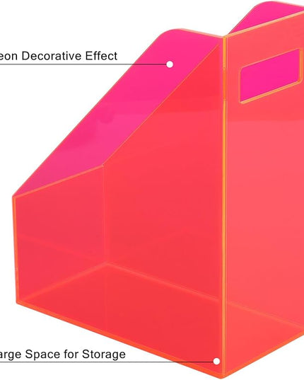 Acrylic Magazine Rack Desk File Holder Organizer for Office Desktop Vertical Magazine Storage Box, 12 x 10 x 5'', Neon Pink