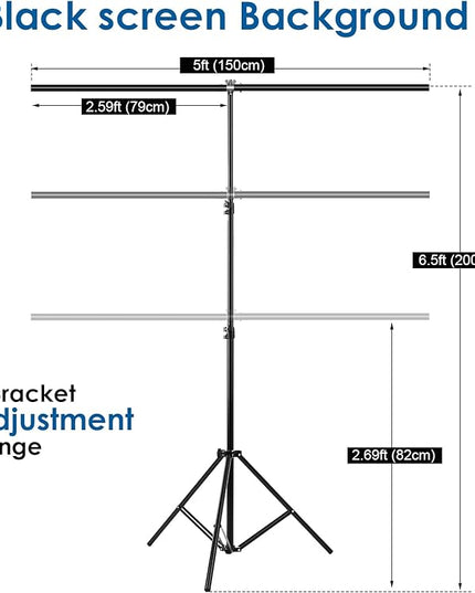 Black Screen Backdrop Kit, Portable Blackscreen Background with T-Shaped Stand, 5 Clamps & Carrying Bag for Photography, Streaming, Zoom, Gaming, (Black, 6.5 Feet X 5.0 Feet)
