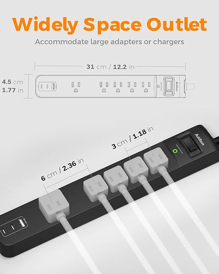 2 Pack Power Strip Surge Protector - 5 Widely Spaced Outlets 3 USB Charging Ports, 1875W/15A 6Ft Braided Extension Cord, Flat Plug Overload Protection, Wall Mount for Home Office Dorm Room Essentials