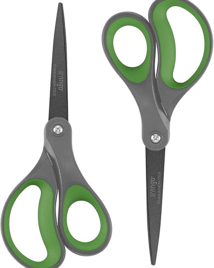 LIVINGO Sharp Scissors All Purpose - 2 Pack 8 Inch Titanium Coated Non Stick Steel Shears Heavy Duty for Office Home School Sewing Crafting Cutting Paper Fabric, Comfortable Grip (Gray & Green)