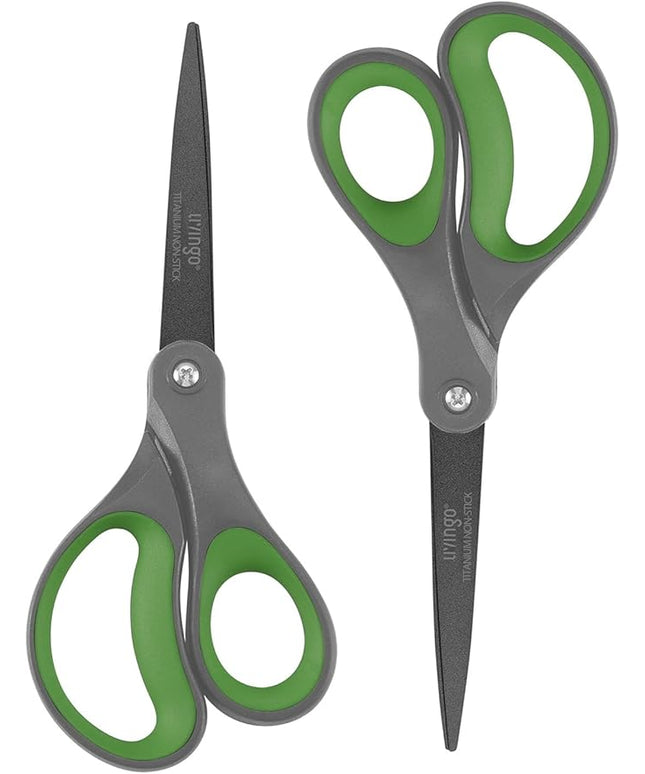 LIVINGO Sharp Scissors All Purpose - 2 Pack 8 Inch Titanium Coated Non Stick Steel Shears Heavy Duty for Office Home School Sewing Crafting Cutting Paper Fabric, Comfortable Grip (Gray & Green)