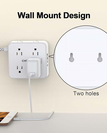 Surge Protector Power Strip - CHCORE 10 Ft Braided Extension Cord with 8 Outlets with 4 USB (2 USB C) Charging Ports, Flat Plug Multi Plug Outlet Extender Charging Station for Home Office, ETL, White