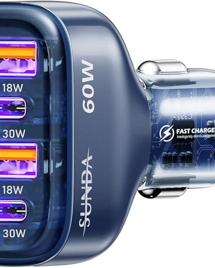 SUNDA 60W USB C Fast Car Charger, 4-Ports Car Charger Adapter, Dual Type C PD30W/PPS30W Compatible with iPhone17/16 Pro/Max/iPhone15/Galaxy/SamsungS25, Dual USB-A 18W QC3.0 for Android(Blue)