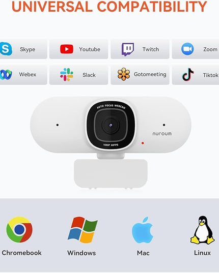 NUROUM V15AF 2K Webcam for PC, 1080p 60FPS AutoFocus Web Camera with Microphone, Privacy Cover and Mute, 75°FOV Dual Microphone USB FHD Computer Camera, Plug and Play for Zoom/Skype/Teams, White