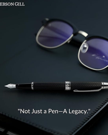 Webson Gill Show Up' Black Luxury Executive Fountain Pen, Woven Lacquer & Chrome, Medium Nib, Smudge Free, No Bleed, Use Any Fountain Ink with Included Converter, Fits Cartridges (sold separately)