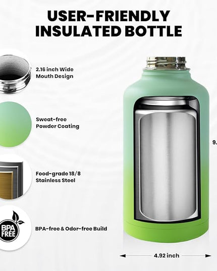 Insulated Water Bottle 64 oz, Triple Wall Vacuum Stainless Steel (Cold for 48 Hrs), Leak Proof & Non-BPA, Half Gallon Water Flask Jug with Paracord Handle & Straw Spout Lids