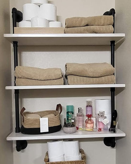Industrial Pipe Shelving Rustic White Pipe Wall Shelves Bathroom Shelves with Wood Planks Industrial Floating Shelves 30 Inch Farmhouse Bookshelf Pipe Shelves Wall Mounted
