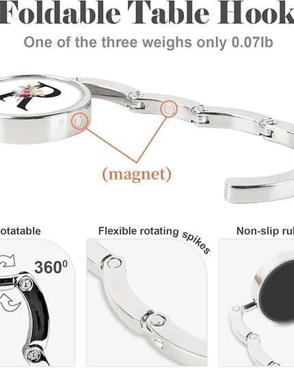 Iqimott 3pcs Personalized Initial Foldable Purse Hook for Table, Flower Letter Folding Handbag Hanger Portable Magnet Table Hook Holder, Collection Desk Purse Hooks for Women Bag (Black-R)