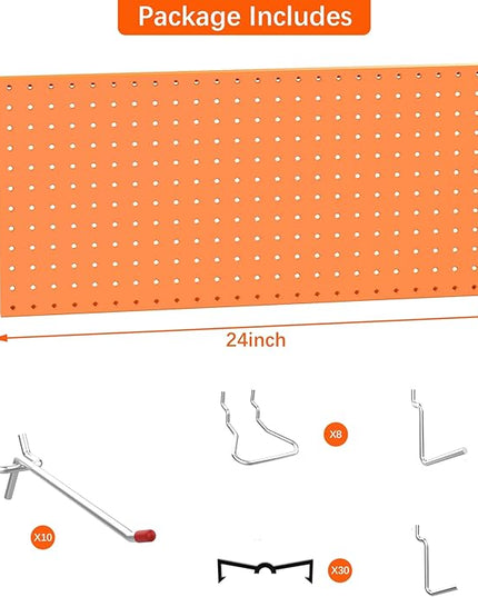 TORACK Metal Pegboard Wall Organizer 24" x 24" or 12" x 48", 70 PCS Tools Storage Pegboard for Garage, Modular Pegboard, Tool Organizer Board with Peg Board Hooks(Orange)