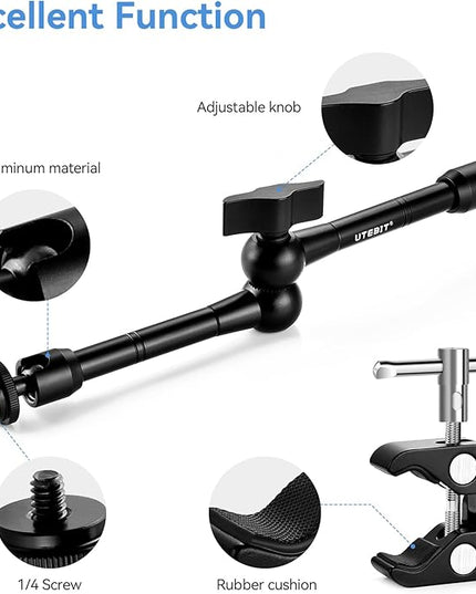 UTEBIT 11" Magic Arm Clamp Mount Kit, 360° Ball Heads with ARRI 1/4" & 3/8" Thread Screw, Camera Mount Adjustable Friction Arm w Super Clamp for DSLRs, Camera Cage, Monitor, LED Light, Action Camera