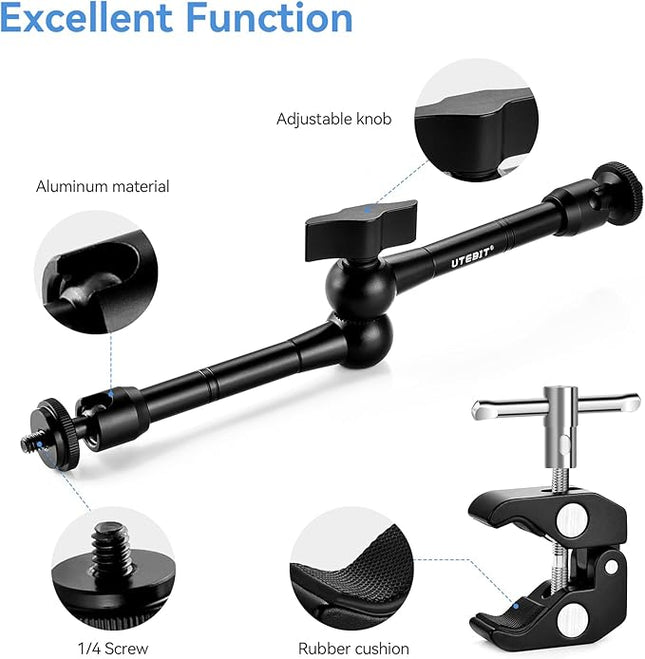 UTEBIT 11" Magic Arm Clamp Mount Kit, 360° Ball Heads with ARRI 1/4" & 3/8" Thread Screw, Camera Mount Adjustable Friction Arm w Super Clamp for DSLRs, Camera Cage, Monitor, LED Light, Action Camera