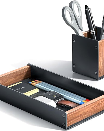 UPERGO Walnut Desk Tray with Pen Holder Set, Natural Wooden Desk Drawer Organizer Office, Organizer Tray for Keys, Pen, Watch