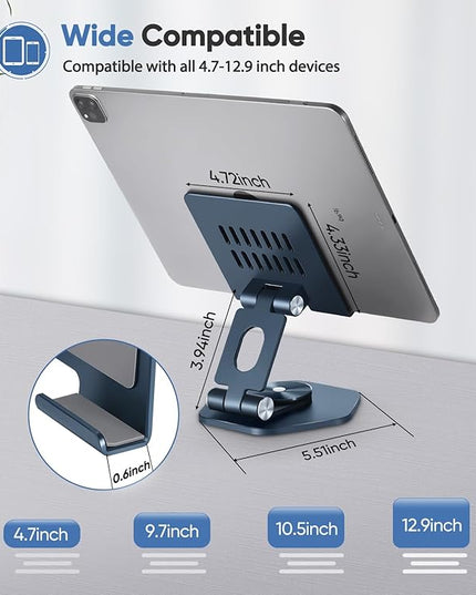 Foldable Aluminum Tablet Stand for Desk, 360° Swivel iPad & Tablet Holder – Portable & Stable Desktop Mount for 5–12.9in Devices, Dark Grey