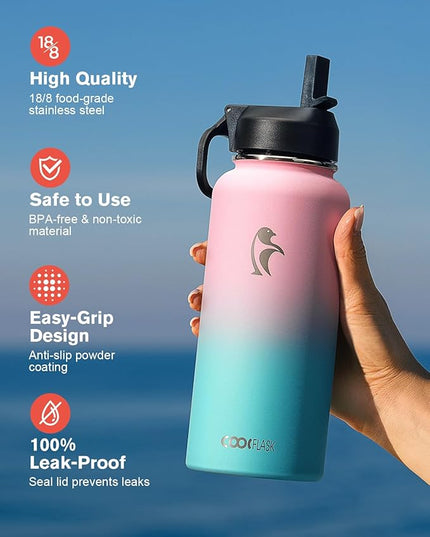 32 oz Insulated Water Bottle with Straw&3 Lids, Coolflask Stainless Steel Metal Flask Wide Mouth for Sports or Office, Non-BPA Keep Cold Up to 48 Hrs or Hot Up to 24 Hrs, Bubblegum Princess