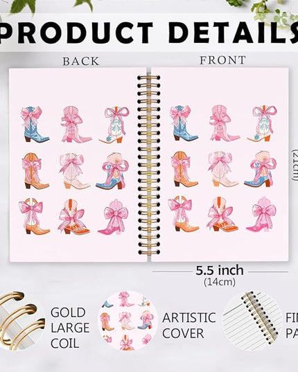dvhdajed Coquette Western Spiral Notebook, Pink Cowgirl Boots Journaling Notebooks, Preppy Cowgirl Spiral Journal for Girls Women, Girly Western Office School Supplies Gifts, 5.5x8.3 In