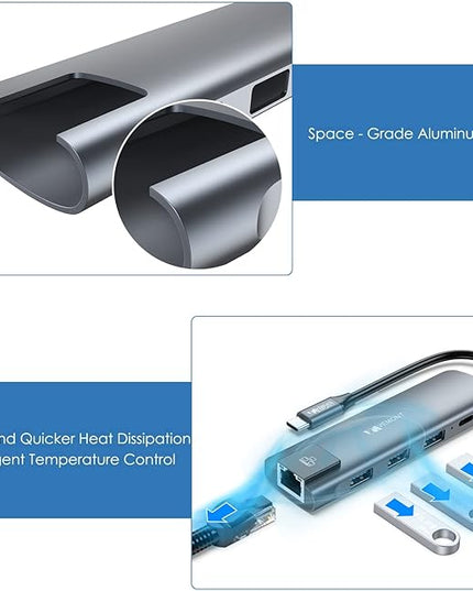 VEMONT 5 in1 USB C hub, Type-c multiport Adapter with Gigabit Ethernet, 3 USB 3.0 hub for Data, 100W Power Delivery, USB hub for Laptop MacBook or ipad, and Other USB C Devices