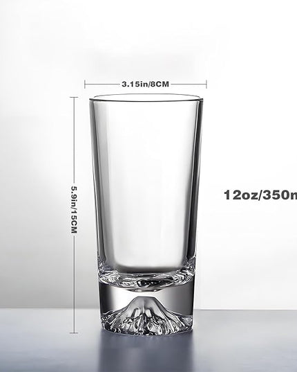 Glass Cups Set of 4 – 12oz Drinking Glasses with Mountain Base – Glasses Drinking Set & Water Glasses for Cocktails, Juice, Water – Premium Glassware for Home Bar (Crystal Mountain)