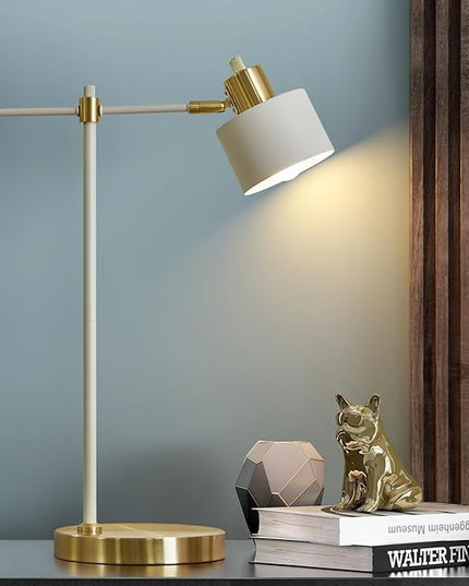 OYEARS Modern Industrial Desk Lamp for Reading LED 22.2“ Metal Table Lamp Light for Office Bedroom Study Room Living Room Nightstand Bedside Lamps Gold and Matte Cream Accent (Cream, Bulb Included)