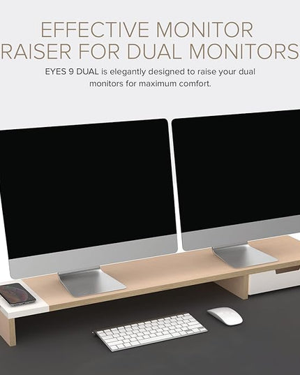 POUT E9 Dual Monitor Stand with Drawer - Wireless Charger and USB Hub (Maple White)