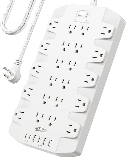 Power Strip, SUPERDANNY Surge Protector with 22 Outlets, 2 USB-C and 4 USB-A, 2100J, 6.5Ft Flat Plug Heavy Duty Extension Cord (1875W/15A), Wall Mountable for Home, Office, Dorm, Gaming Room, White
