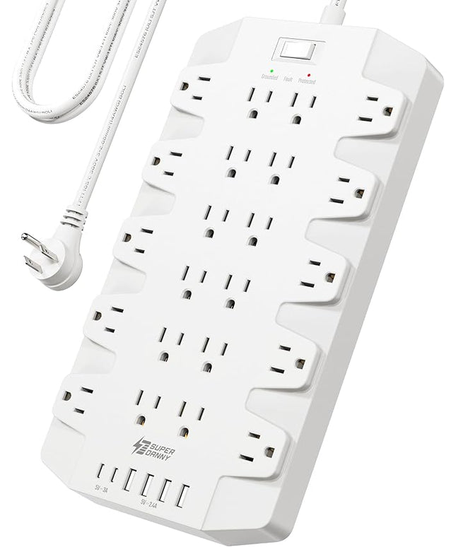 Power Strip, SUPERDANNY Surge Protector with 22 Outlets, 2 USB-C and 4 USB-A, 2100J, 6.5Ft Flat Plug Heavy Duty Extension Cord (1875W/15A), Wall Mountable for Home, Office, Dorm, Gaming Room, White