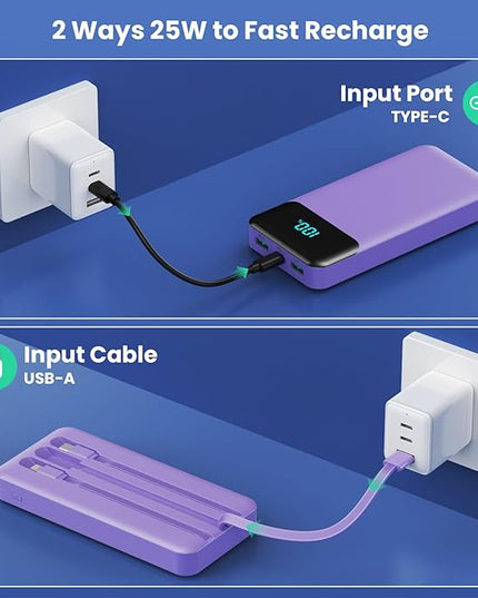 Portable Charger 40800mAh Power Bank with 3 Built-in Cables,PD 25W USB C in&Out Power Bank Fast Phone Charging,QC4.0 5 Output Travel Camping Essential Battery Pack for iPhone 17/16,Samsung etc-Purple