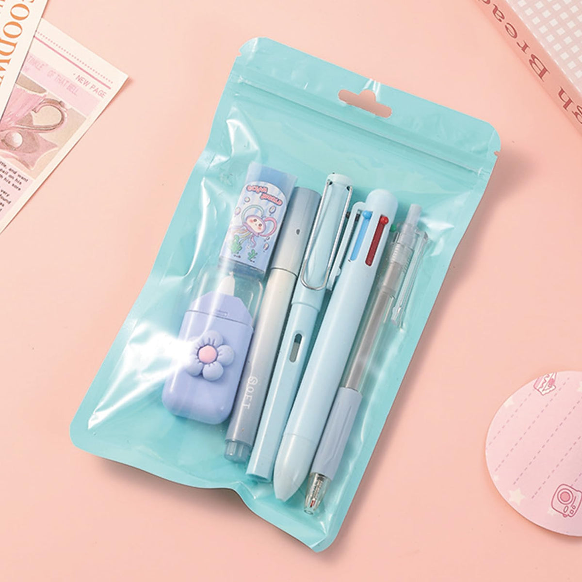 MOZXIRZ 6 Pcs Cute Pink Stationery Set Kawaii School Supplies Office Supplies Women Stationery Kit Including Ballpoint Pens Pencil Highlighter Correction Tape Ruler Eraser (Blue)