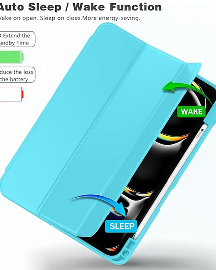ZryXal iPad Pro 11 Inch Case (M5) 2025/ (M4) 2024 (Model: A2836/A2837/A3006), Trifold Stand Smart Cover with Pencil Holder and Soft TPU Back, Auto Wake/Sleep (Cyan)