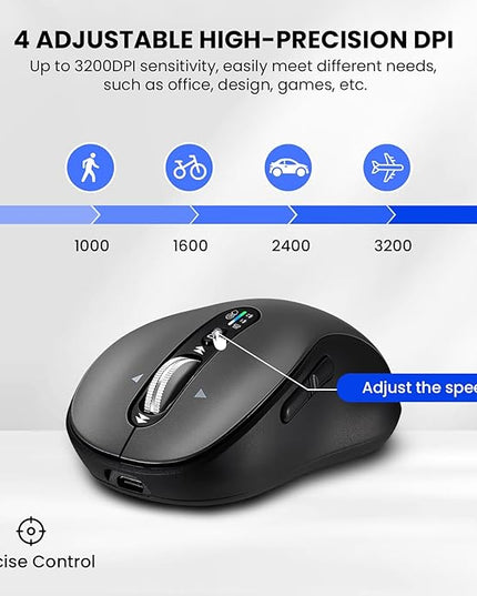 Wireless Bluetooth Mouse,Multi Device Ergo Computer Mouses,Metal 4-Way Super Scrolling,± 3200 DPI,10 Buttons,Plug&Play,Quiet,Rechargeable,USB Cordless Mice for Laptop,Tablet,Mac,iPad,PC,Phone (Grey)
