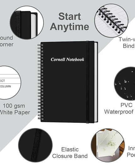 Yaridar A5 Cornell Notes Notebook - College Spiral Cornell Notebooks for Note Taking, Subject College Ruled Steno Pads for Office/School/Home, 5.8" x 8.5", Black