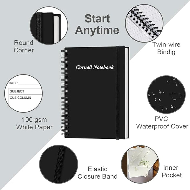 Yaridar A5 Cornell Notes Notebook - College Spiral Cornell Notebooks for Note Taking, Subject College Ruled Steno Pads for Office/School/Home, 5.8" x 8.5", Black