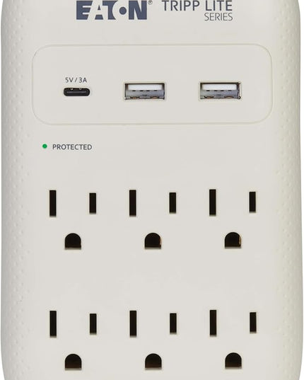 Eaton Tripp Lite SK60C Wall Surge Protector Power Strip & USB Wall Charger, 6-Outlet Extender, 1 USB-C + 2 USB Ports, 1080 Joules, Multi-Plug Outlet Splitter, Gray, Lifetime Manufacturer's Warranty