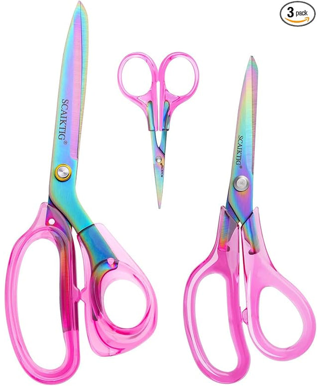 SCAIKTIG Acrylic Scissors Set, Office Scissors for Desk Heavy Duty, Pink Clear Comfort-Grip Handles and Titanium Coated Blades, Sharp Scissors all Purpose for Sewing, Art, Craft, School, Home Supplies