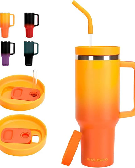 40oz Tumbler with Handle and Straw Spout 2-in-1 Lid, Spill Leak Proof Insulated Travel Cup Traveler Water Mug Keep Cold Hot, Dishwasher Safe Stainless Steel Bottle Gifts for Women Men, Ombre Orange