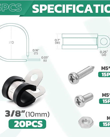 OURU 20PCS 3/8 Inch Cable Clamps with 45PCS Screws Assortment Kit 304 Stainless Steel Rubber Cushioned Insulated Cable Clamp, Automotive Wire Pipe Clamps(10mm)