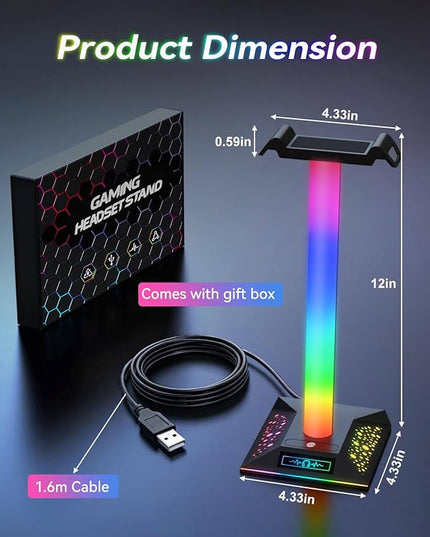 RGB Gaming Headset Stand, LED Headset Holder with 3 Charging Ports (2 USB & 1 Type-C) & 10 Lighting Modes, Headphone Stand Cool Stuff for Boys, Desk PC Gaming Accessories Gifts for Gamers Men Adult
