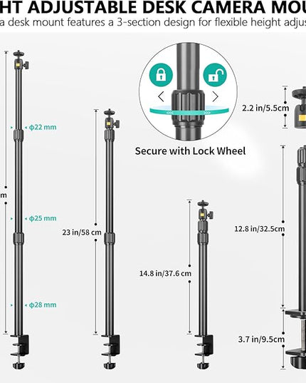 Camera Desk Mount Table Stand with Ball Head, Adjustable Light Stand with 1/4" Screw & C Clamp for DSLR Camera, Ring Light, Live Streaming, Photo Video Shooting