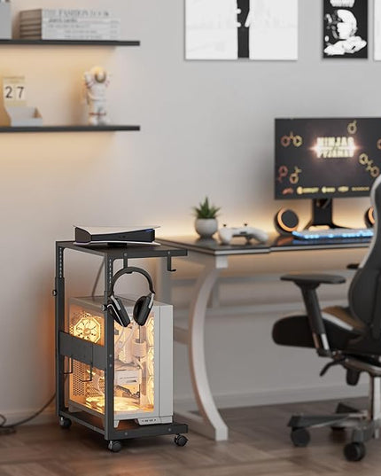 JANE EYRE Computer Tower Stand - Adjustable PC Tower Stand CPU Holder Cart with Charging Station for Office Home Classroom,23.03"-28.3" H, black